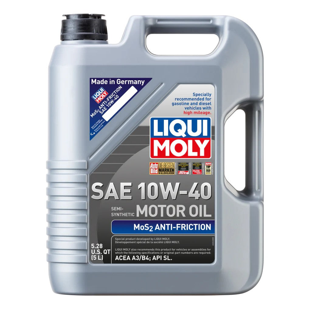 5-liter jug of LIQUI MOLY MoS2 Anti-Friction 10W-40 semi-synthetic motor oil with Molybdenum Disulfide additive.