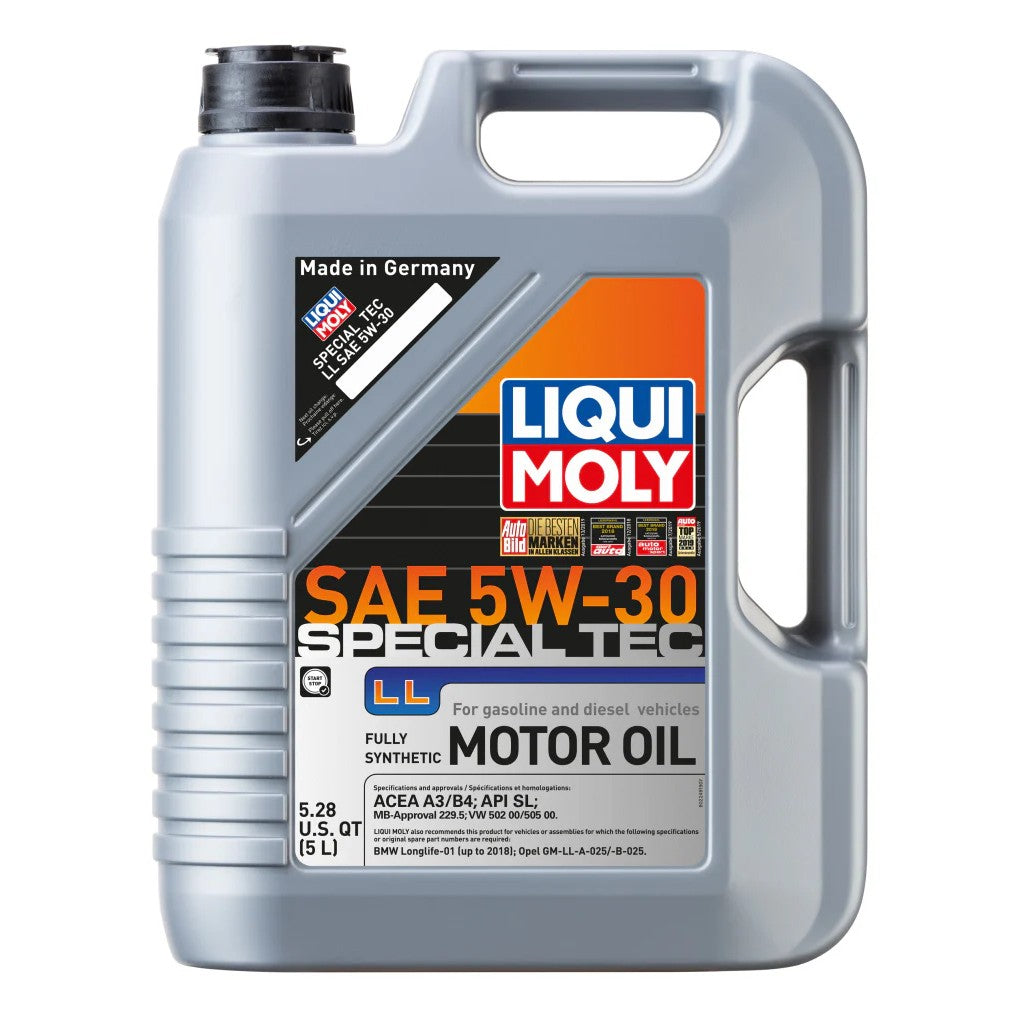 Five liter jug of LIQUI MOLY Special Tec LL SAE 5W30 synthetic motor oil