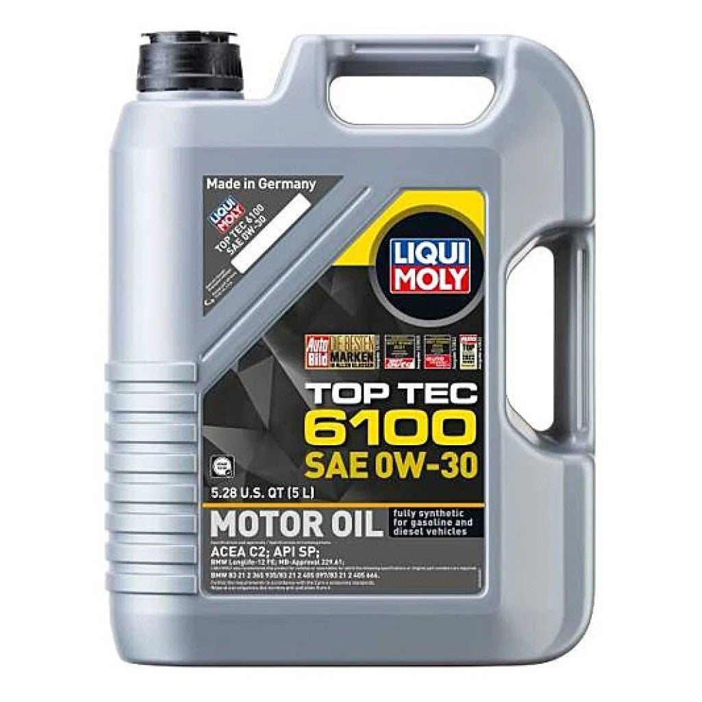5L container of LIQUI MOLY Top Tec 6100 synthetic motor oil with SAE 0W-30 viscosity rating