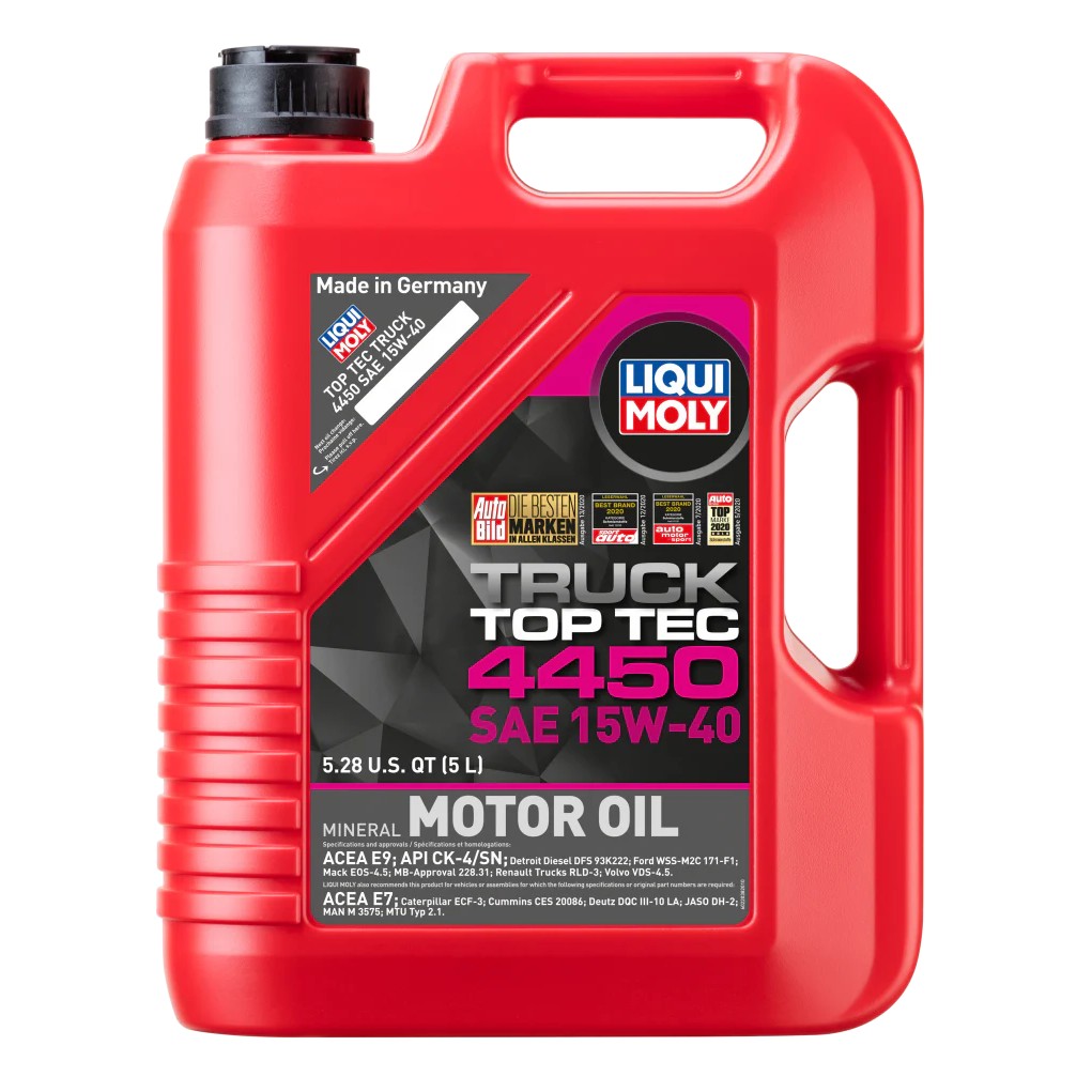5-liter jug of LIQUI MOLY Top Tec Truck 4450 SAE 15W40 heavy duty motor oil.