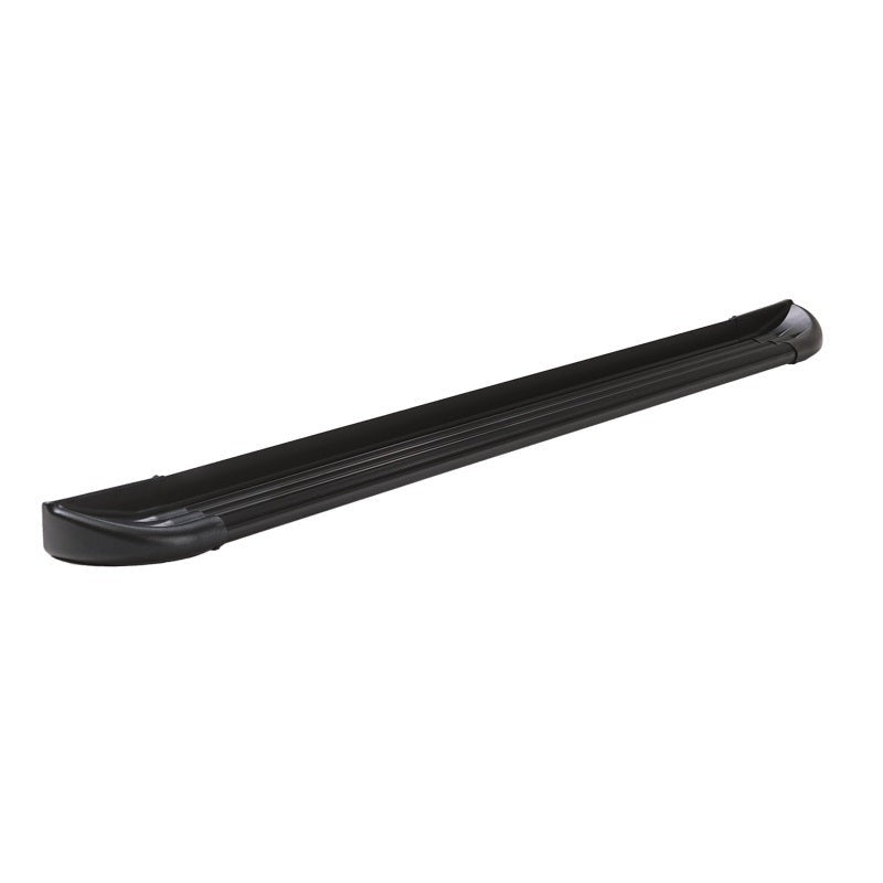 Lund TrailRunner 80-inch black extruded aluminum running boards with diamond plate surface and molded end caps.