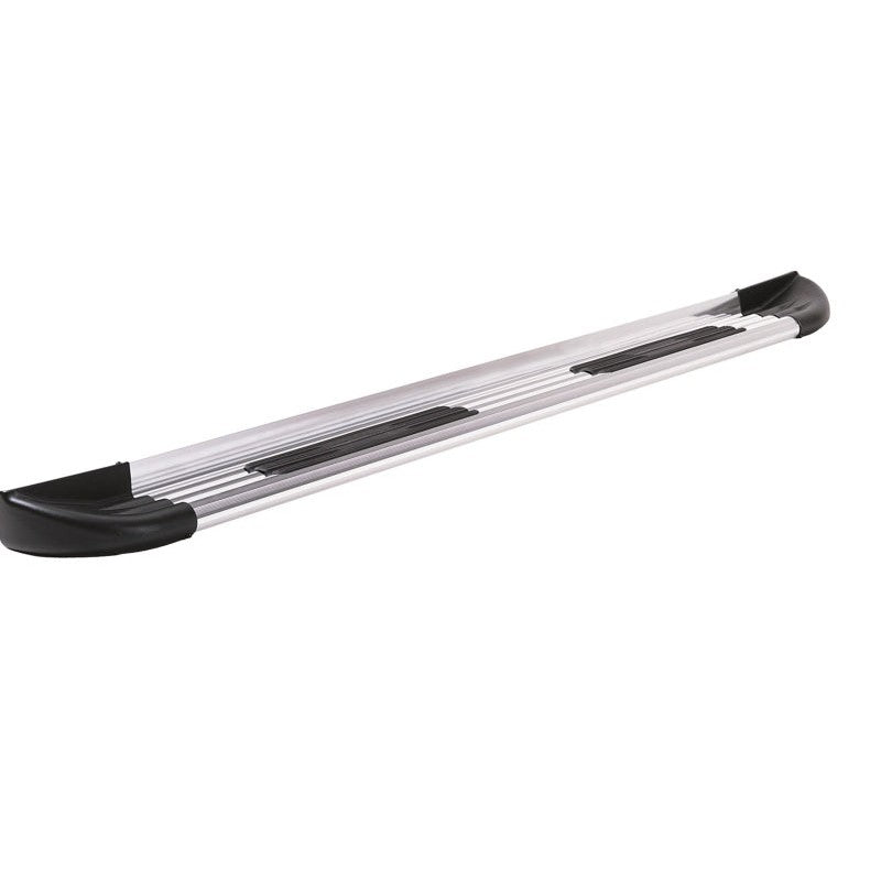 Lund TrailRunner 54 inch Brite extruded aluminum running boards with diamond plate texture and black molded end caps.