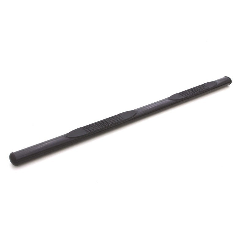 Lund 23678176 black powder-coated steel 4-inch oval straight nerf bars with non-slip step pads for Nissan Frontier.
