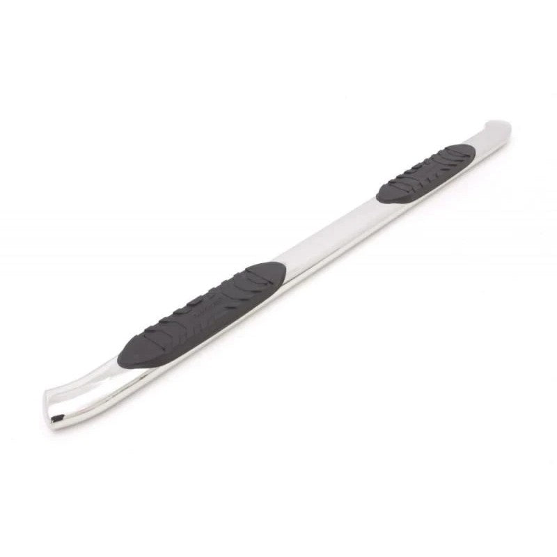 Polished 5-inch curved oval stainless steel nerf bars with black non-slip step pads for Chevrolet and GMC trucks