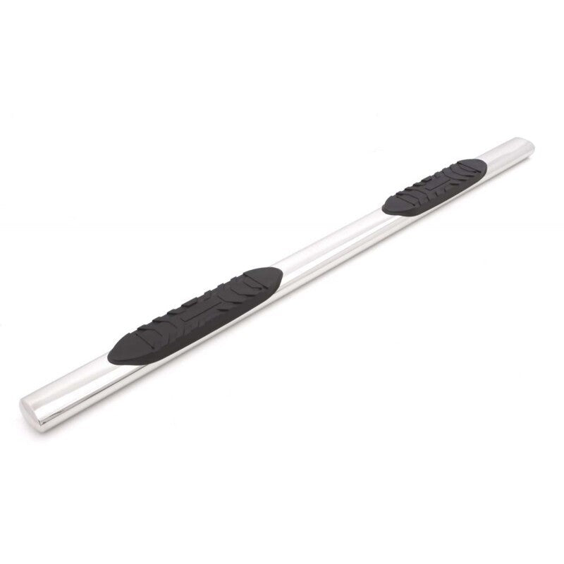 Lund 5-inch oval polished stainless steel nerf bars with black non-slip step pads.