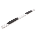 Polished 5-inch oval 304 stainless steel nerf bars featuring black UV-resistant non-slip step pads for trucks.