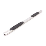 Polished 5-inch curved oval stainless steel nerf bars with black non-slip step pads for Dodge Ram Crew Cab trucks.