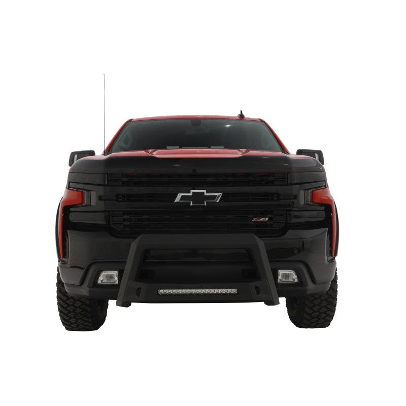 Matte black Lund Revolution Bull Bar with integrated 20-inch LED light bar for 2019-2022 Silverado and Sierra 1500 trucks.