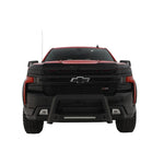 Matte black Lund Revolution Bull Bar with integrated 20-inch LED light bar for 2019-2022 Silverado and Sierra 1500 trucks.
