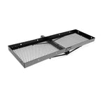 Black powder-coated steel folding cargo carrier for 2-inch hitches with mesh floor and tie-down holes.