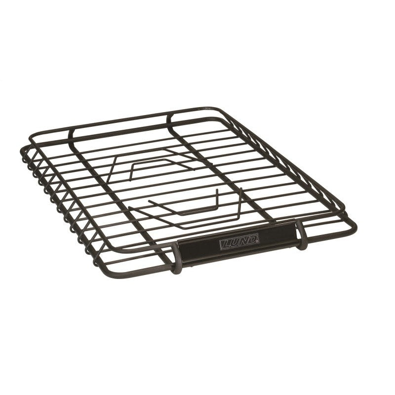 Black powder-coated steel Lund universal roof rack cargo basket with a 39 by 45.125 inch frame.