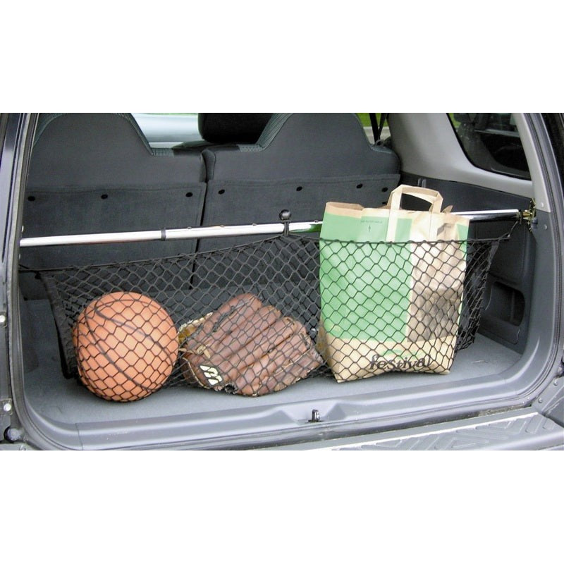 Lund black ratcheting cargo bar expanded with rubber ends and integrated black mesh storage net.