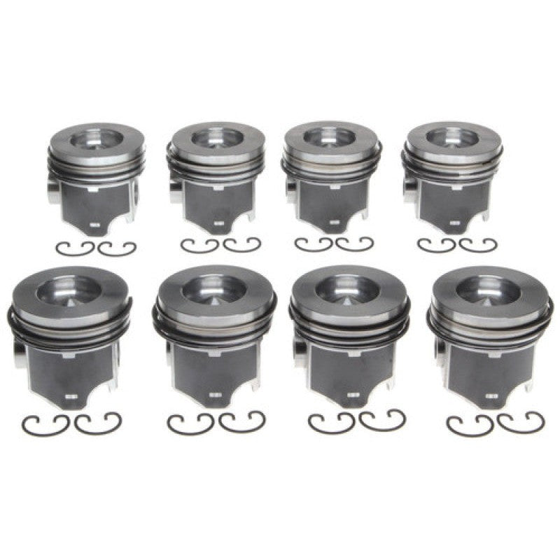 Set of six Mahle OE pistons for 6.7L Cummins with pre-installed rings, wrist pins, and clips.