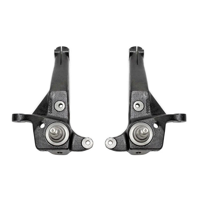 Black e-coated MaxTrac 703030B 4-inch ductile iron lift spindles for 2001-2009 Ford Ranger 2WD coil suspension.