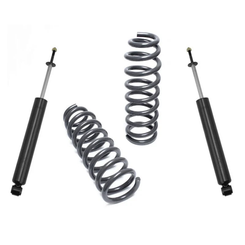 MaxTrac 2.5-inch front lift kit featuring grey powder-coated coil springs and two silver MaxTrac shocks.
