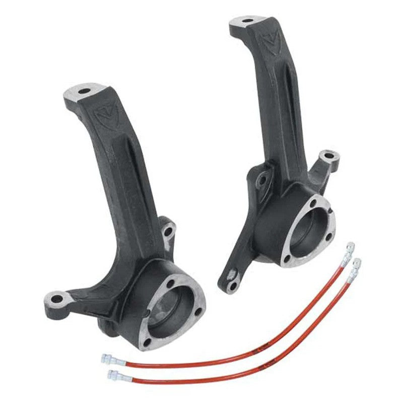MaxTrac black e-coated ductile iron 3.5 inch lift spindles with extended braided brake lines and installation hardware.