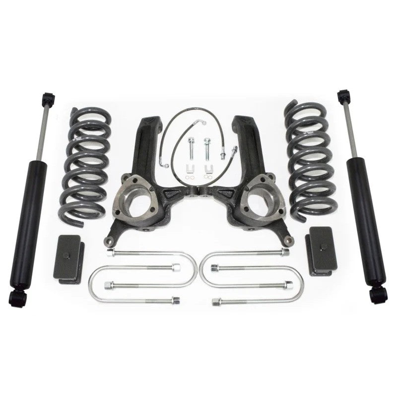 MaxTrac MaxPro lift kit components including spindles, coil springs, twin-tube shocks, and rear blocks for Dodge Ram 2WD.