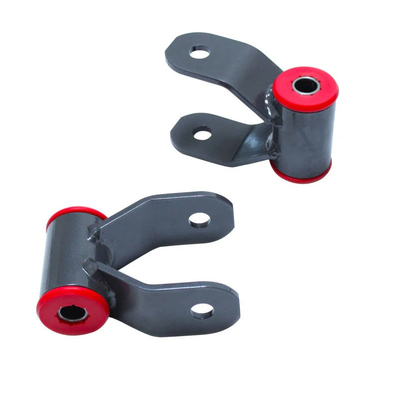 Pair of grey powder-coated MaxTrac fabricated steel 1-inch rear lift shackles for 2004-2024 Nissan Titan