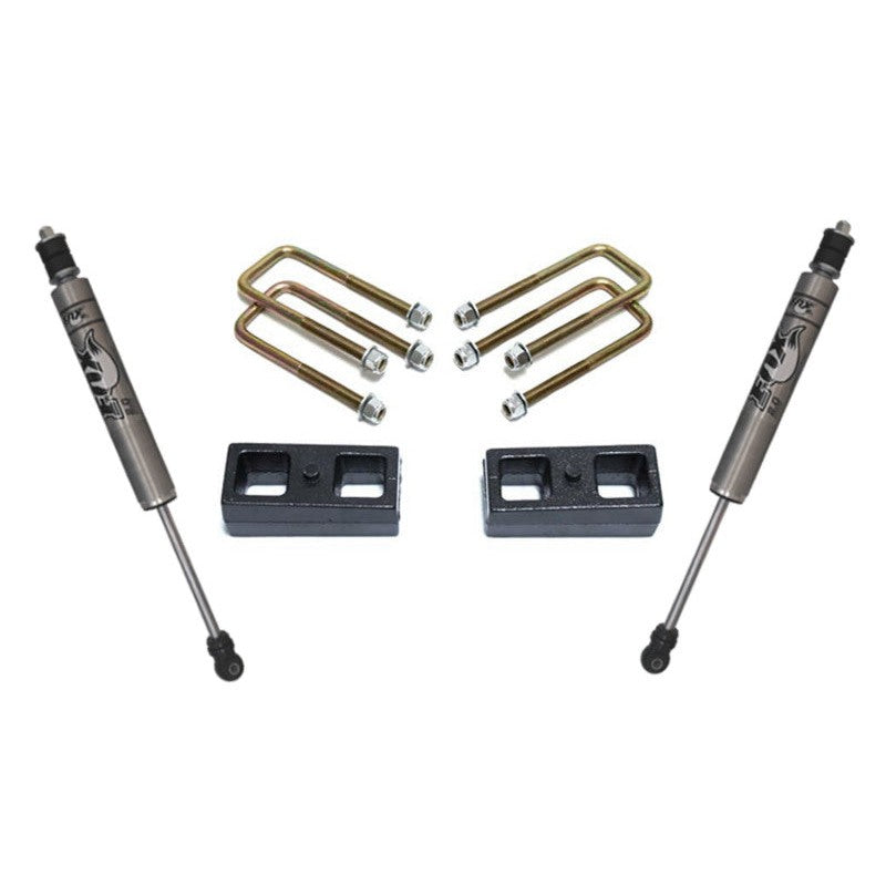 MaxTrac 2 inch rear lift kit for Toyota Tacoma featuring aluminum lift blocks, U-bolts, and Fox 2.0 IFP shocks.