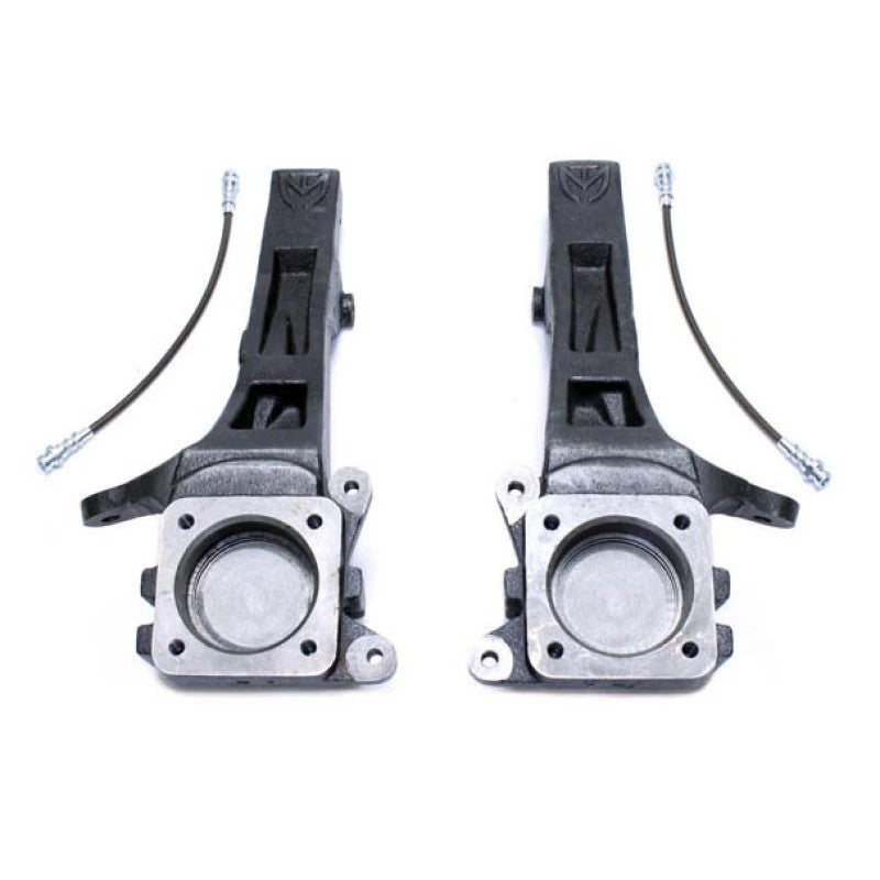 MaxTrac 4-inch ductile iron front lift spindles with extended braided brake lines for 2WD 6-lug Toyota Tacoma.