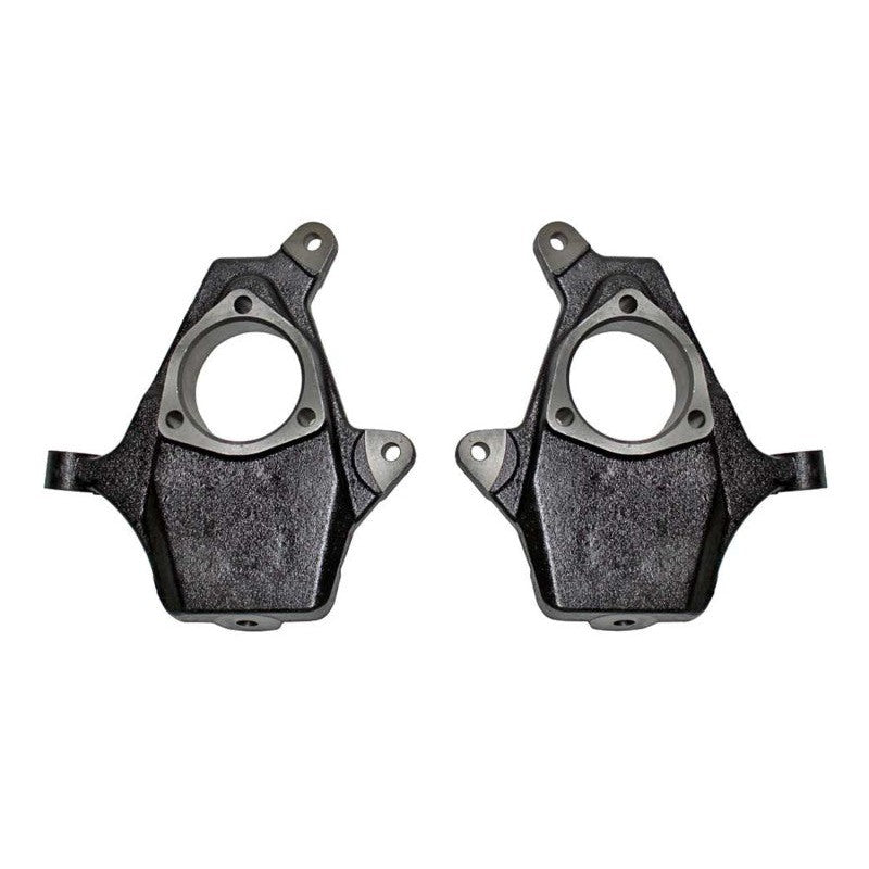 Pair of black E-coated ductile steel 2-inch front lowering spindles for select 2007-2019 GM trucks and SUVs.