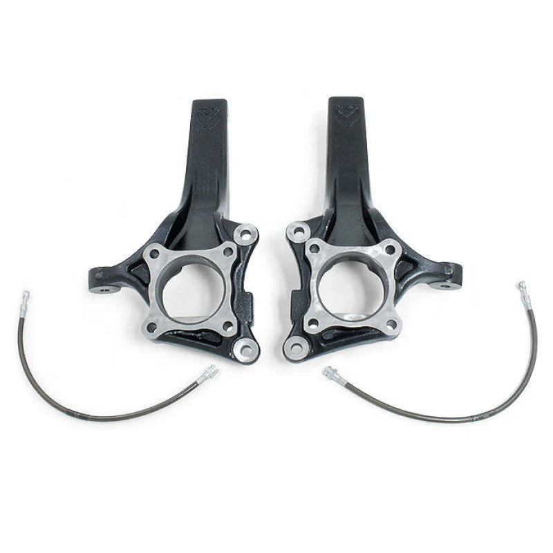 MaxTrac black e-coated ductile steel 4-inch lift spindles and extended brake lines for 2009-2020 Ford F-150 2WD.