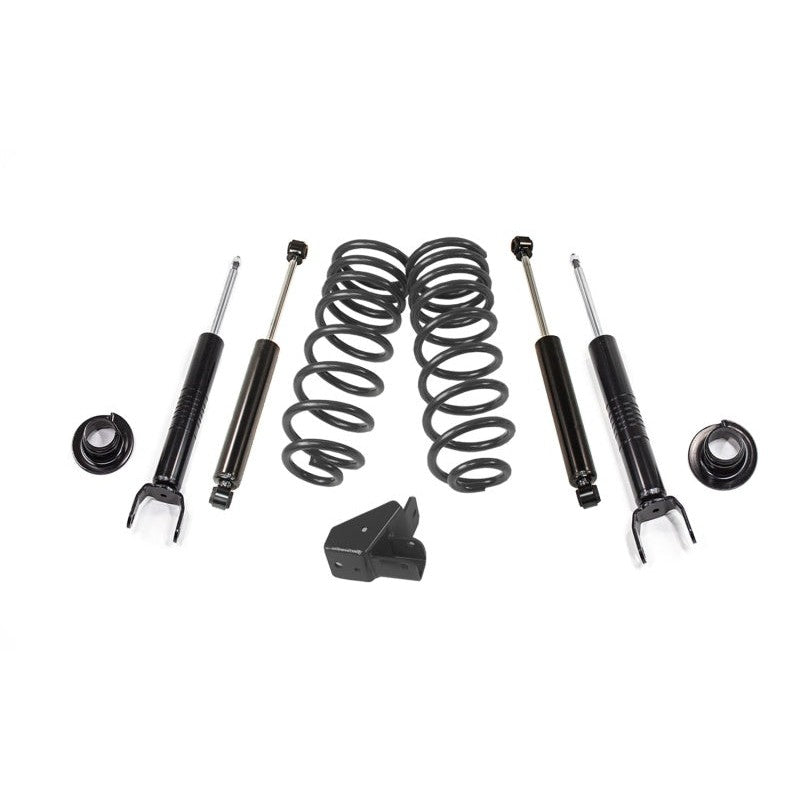 MaxTrac K332424 lowering kit with black adjustable struts, grey powder-coated rear coils, shocks, and hardware.