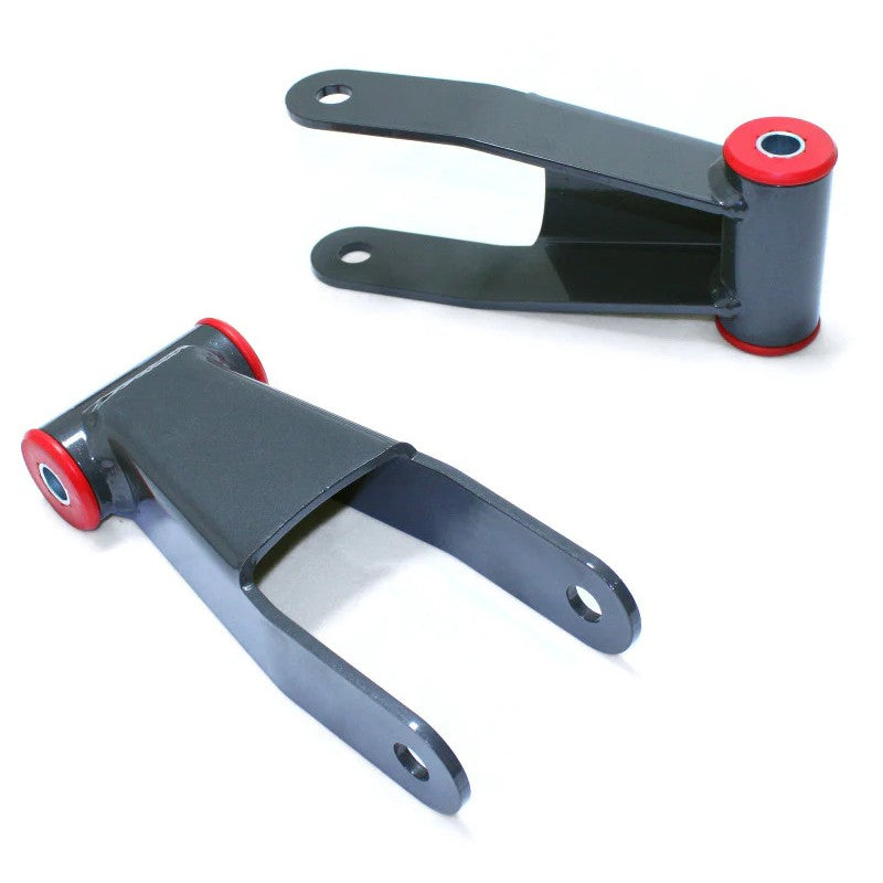 MaxTrac 413710 gunmetal grey 1-inch rear lowering shackles with greaseable bushings and zerk fittings.