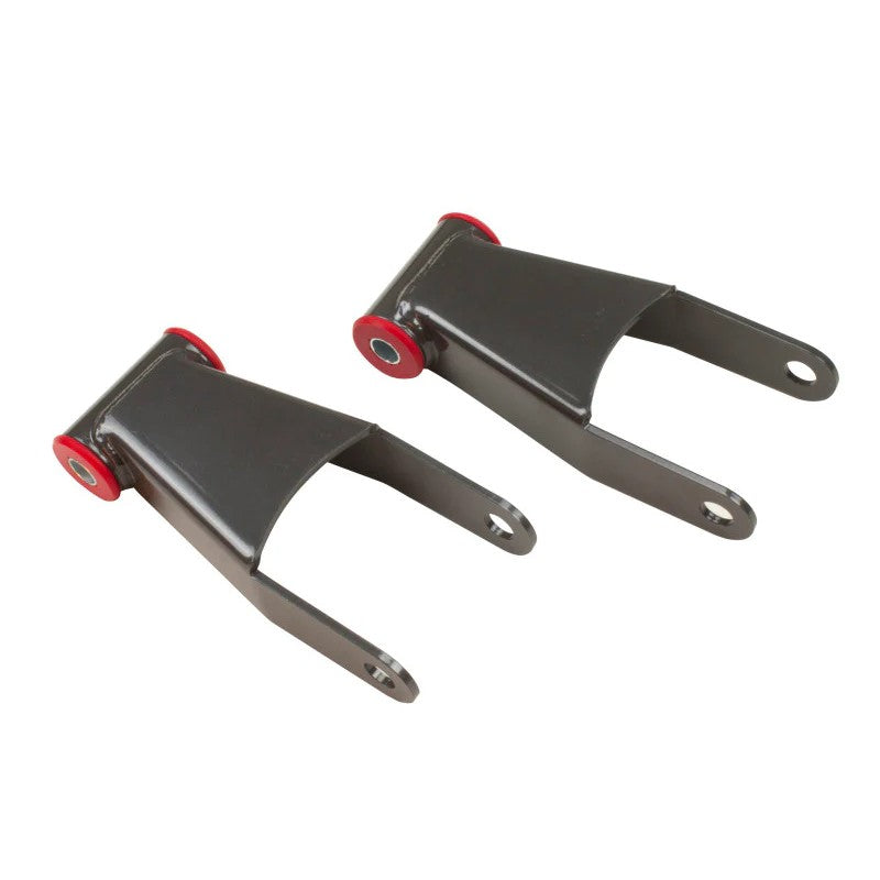 MaxTrac 411420 grey powder-coated 2-inch rear lowering shackles with greasable urethane bushings and Zerk fittings.