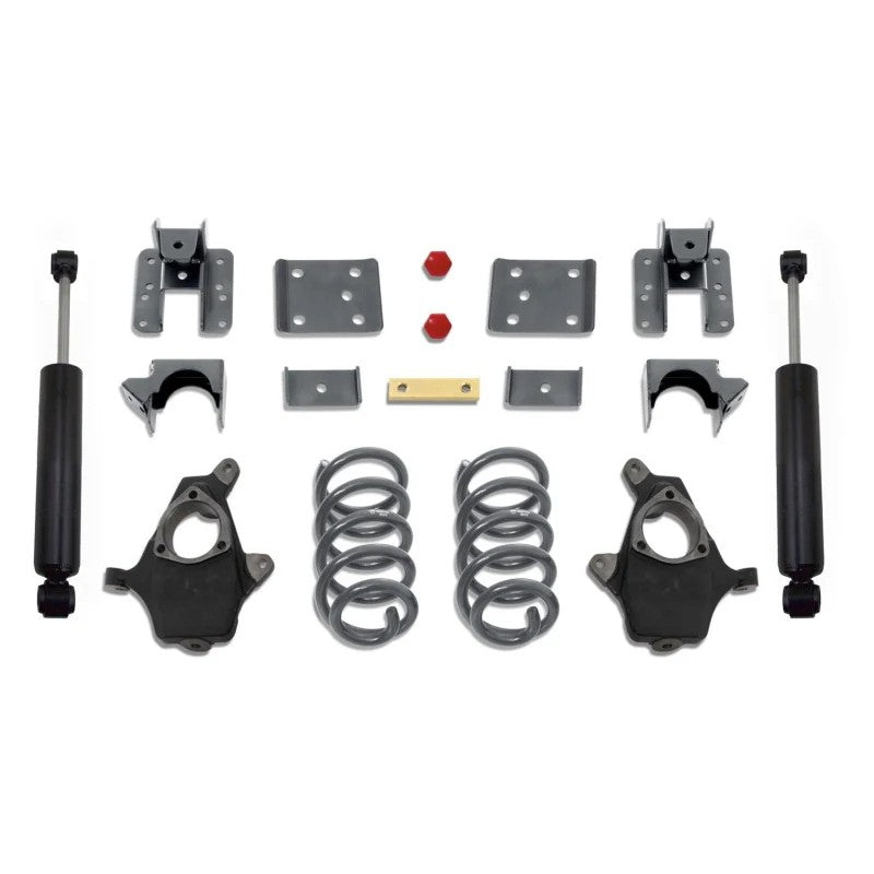 MaxTrac 4-inch front and 6-inch rear lowering kit components including drop spindles, coils, flip kit, and rear shocks.