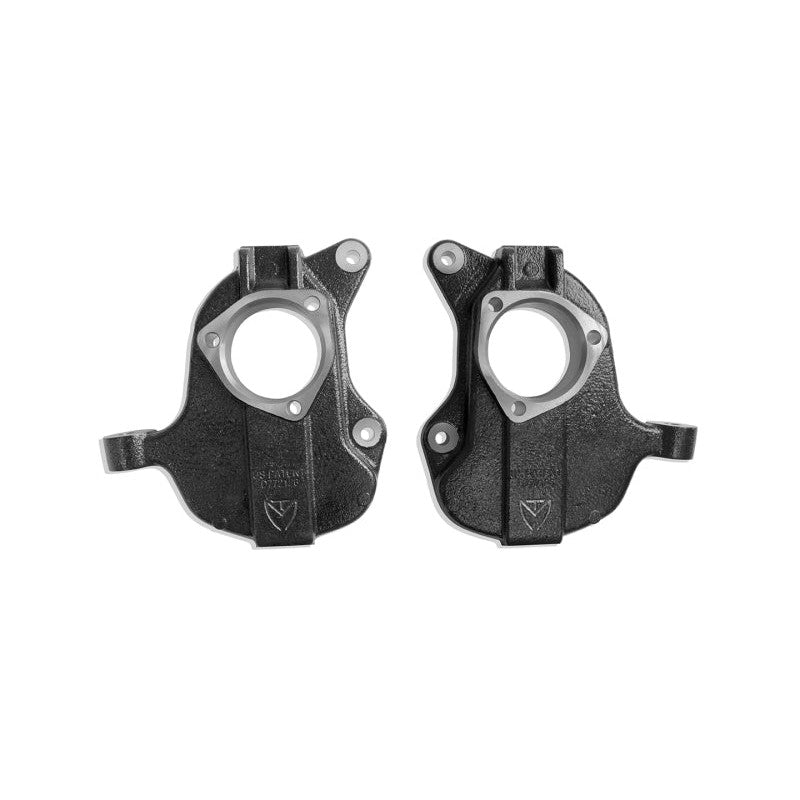 Pair of black e-coated ductile iron 2-inch front lowering spindles for 2015-2020 GM 1500 series trucks and SUVs.
