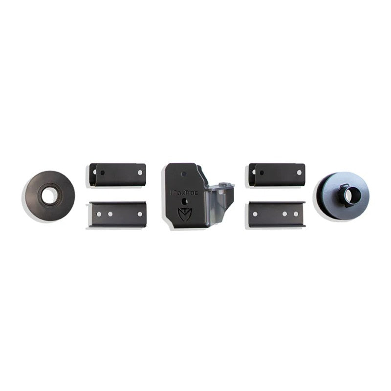 MaxTrac 3.5-inch rear lift kit components including black coil spacers and heavy-duty steel relocation brackets