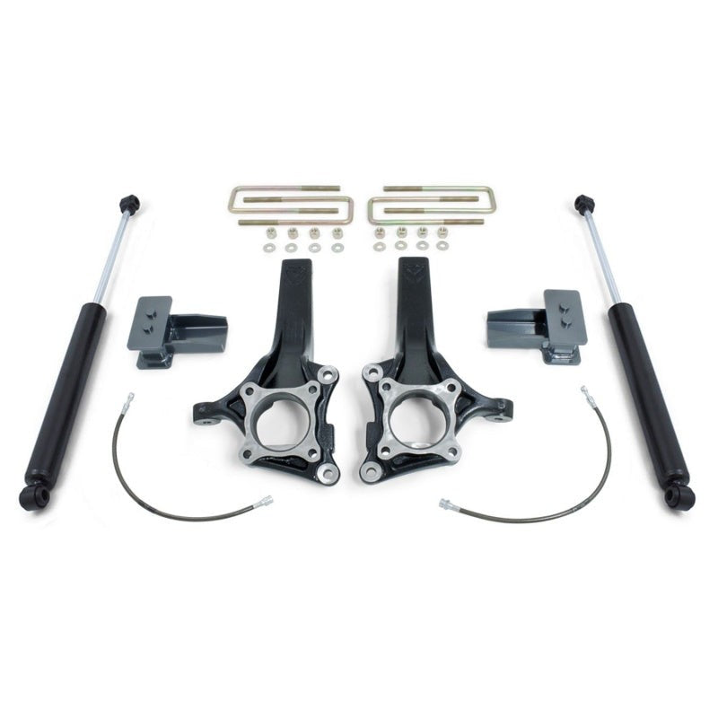 MaxTrac K883242 MaxPro lift kit featuring spindles, twin-tube shocks, blocks, and braided brake lines for F-150 2WD.