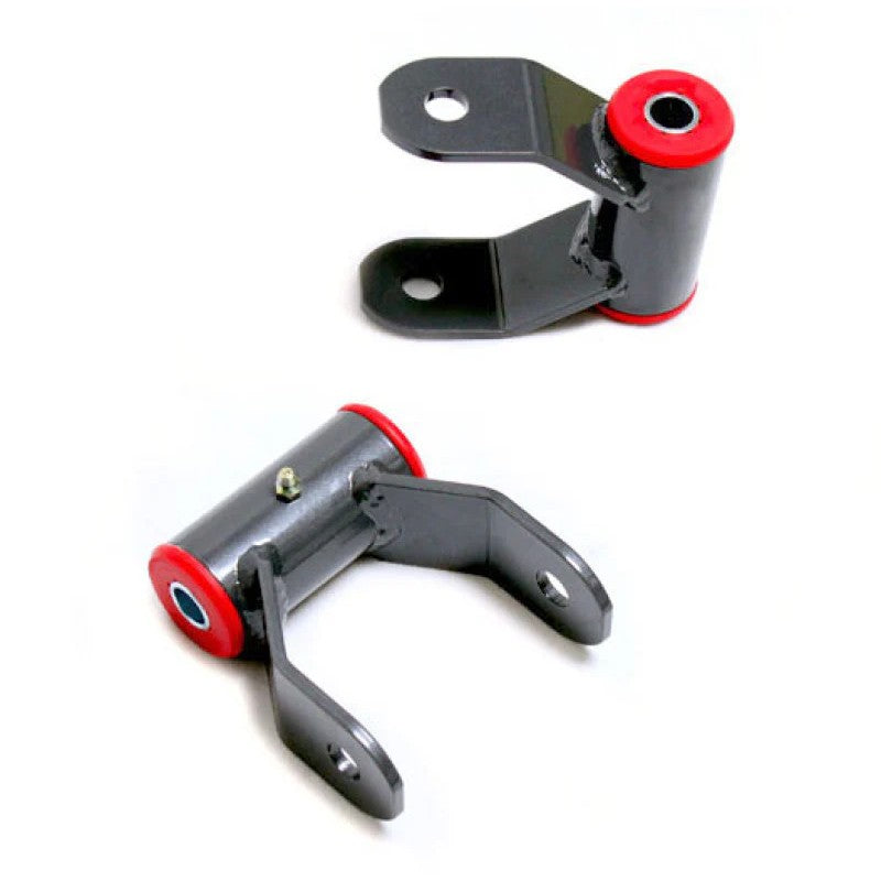 A pair of MaxTrac grey powder coated fabricated steel 1-inch rear lift shackles for Ford and Nissan trucks.