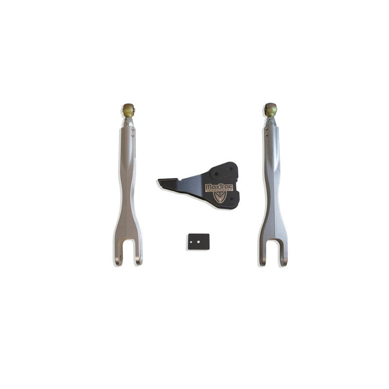 MaxTrac passenger-side 4-link suspension arms, mounting bracket, and hardware for Ford Super Duty lift kits.