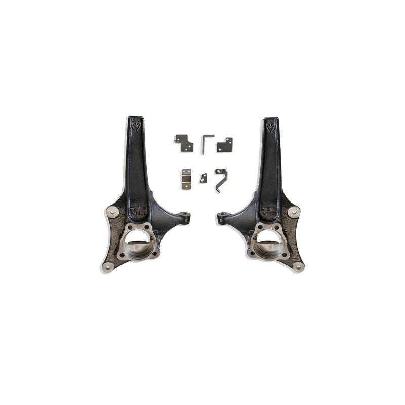 Pair of black e-coated MaxTrac 3.5 inch front lift spindles with extended braided brake lines