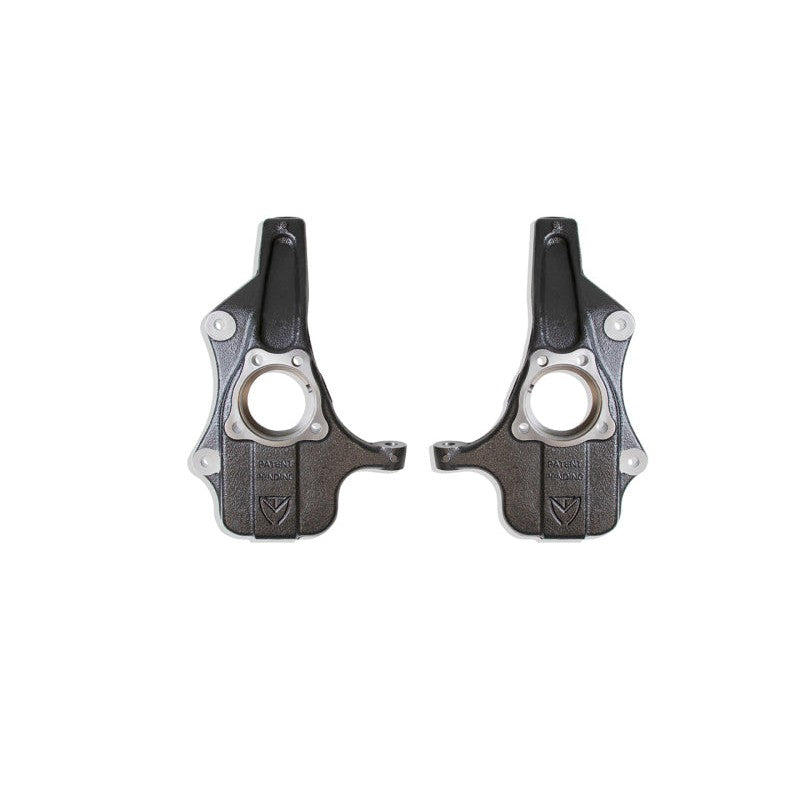 MaxTrac black e-coated ductile steel 2-inch front lowering spindles for 2019-2025 GM 1500 trucks and SUVs.