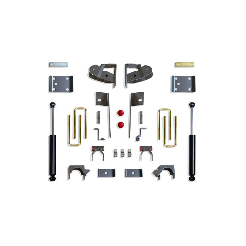 MaxTrac rear lowering kit components including leaf spring flip plates, shackles, hangers, bump stops, and twin-tube shocks.