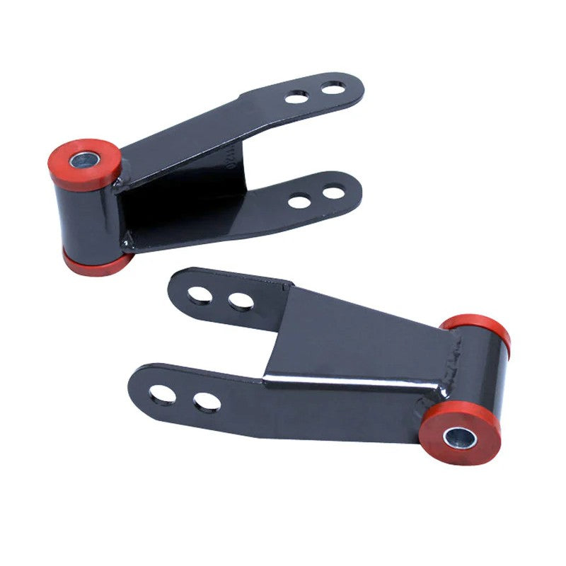 MaxTrac 410520 grey powder-coated 2-inch rear lowering shackles with greasable bushings and zerk fittings.