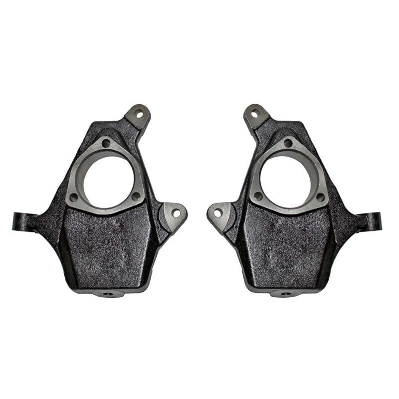 Pair of black e-coated MaxTrac 100920 2-inch front lowering spindles for 1999-2007 GM trucks and SUVs.