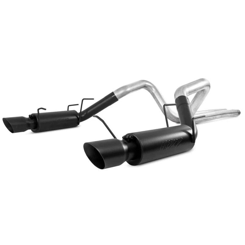 MBRP ARMOR BLK Series 3-inch cat-back exhaust with dual 4-inch black powder-coated tips for 2011-2014 Ford Mustang.