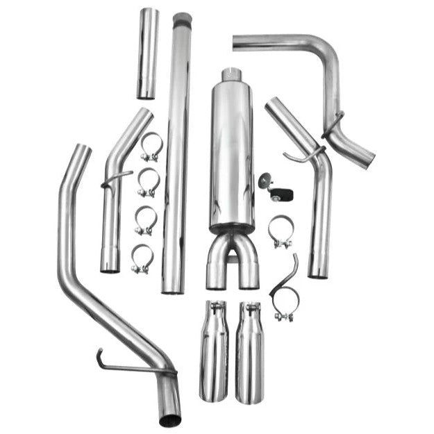 MBRP Armor Plus Series T409 stainless steel dual split side exit cat-back exhaust system with polished T304 tips.