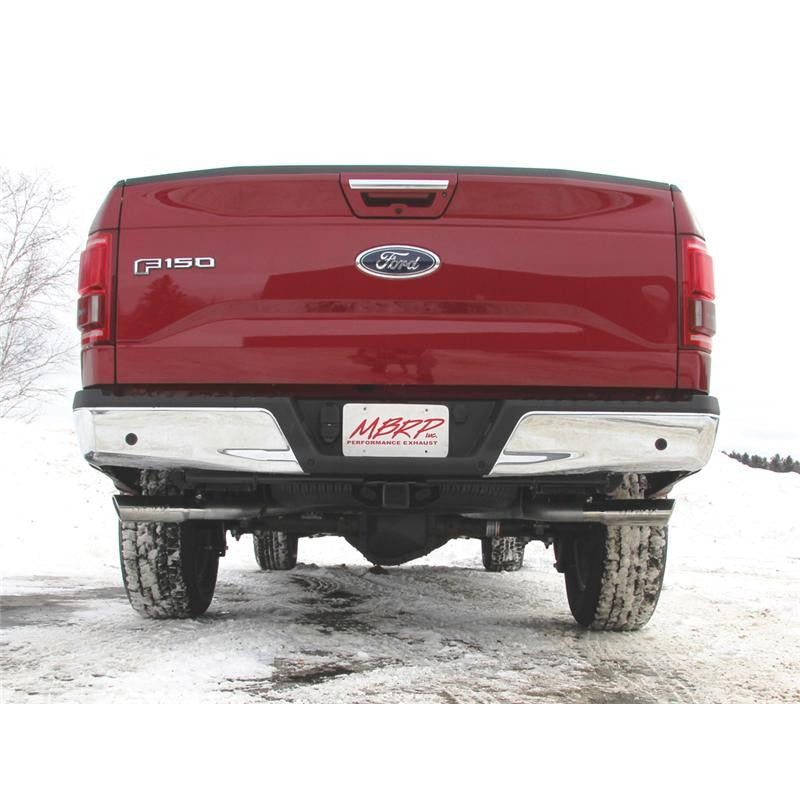 MBRP ARMOR PLUS Series T409 stainless steel 3-inch dual split side exit cat-back exhaust system with polished tips.