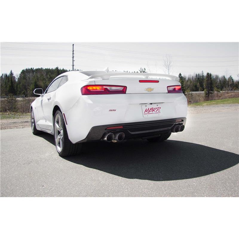 MBRP Armor Plus T409 stainless steel race cat-back exhaust with 4.5-inch quad dual wall tips for Chevrolet Camaro.