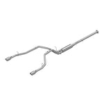MBRP Armor Pro Series dual split rear cat-back exhaust system with T304 stainless steel tubing and 4.5-inch tips.
