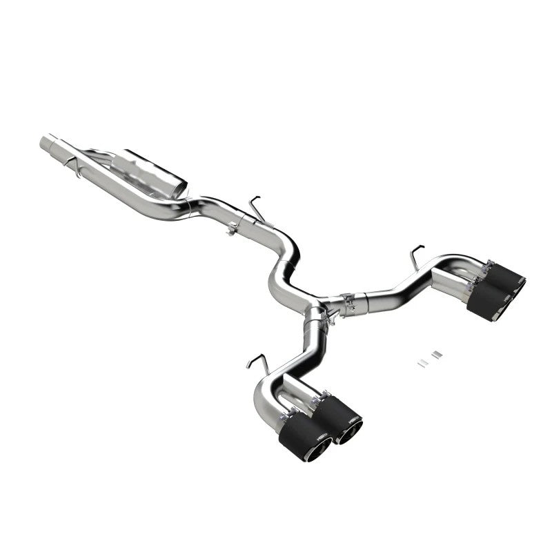 MBRP Armor Pro Series 3-inch T304 stainless steel cat-back exhaust with quad 4.5-inch carbon fiber tips and valve delete.