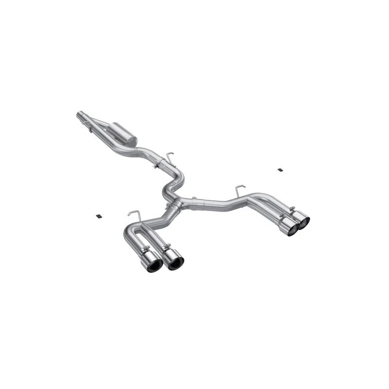 MBRP Armor Pro 3-inch cat-back exhaust system with quad 4.5-inch mirror polished tips and T304 stainless steel piping.