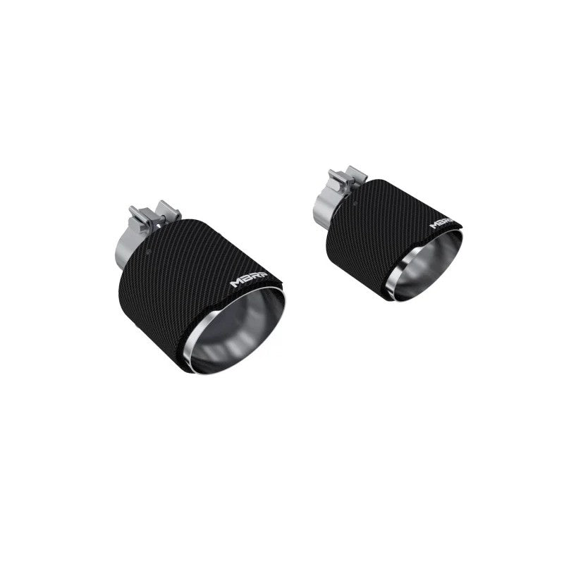 A pair of MBRP dual-walled exhaust tips featuring 5-inch carbon fiber outer shells and T304 stainless steel cores.