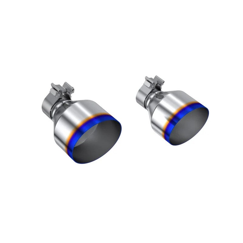 Pair of MBRP T304 stainless steel exhaust tips with burnt blue finish and bolt-on mounting clamps.