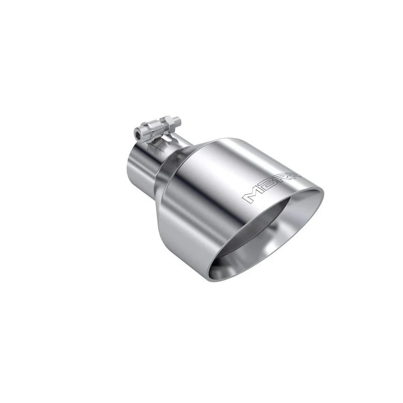Mirror polished T304 stainless steel exhaust tip with a 2.5-inch inlet and 5-inch dual-wall angle cut outlet.